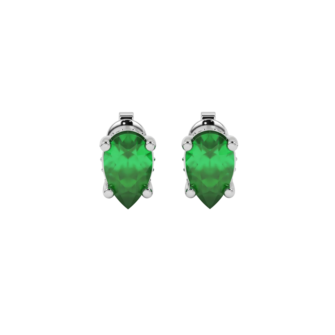 Pear shape emerald green gemstone earrings, white gold pavé basket setting.