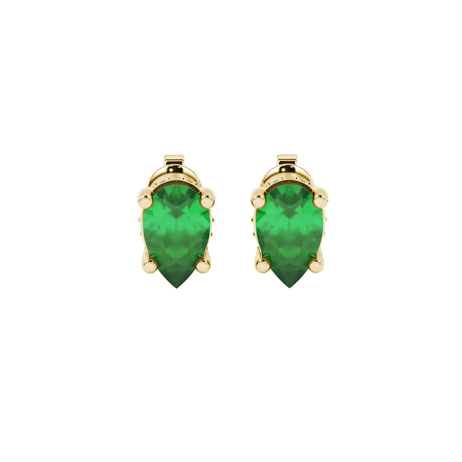 Pear shape emerald green gemstone earrings, yellow gold pavé basket setting.