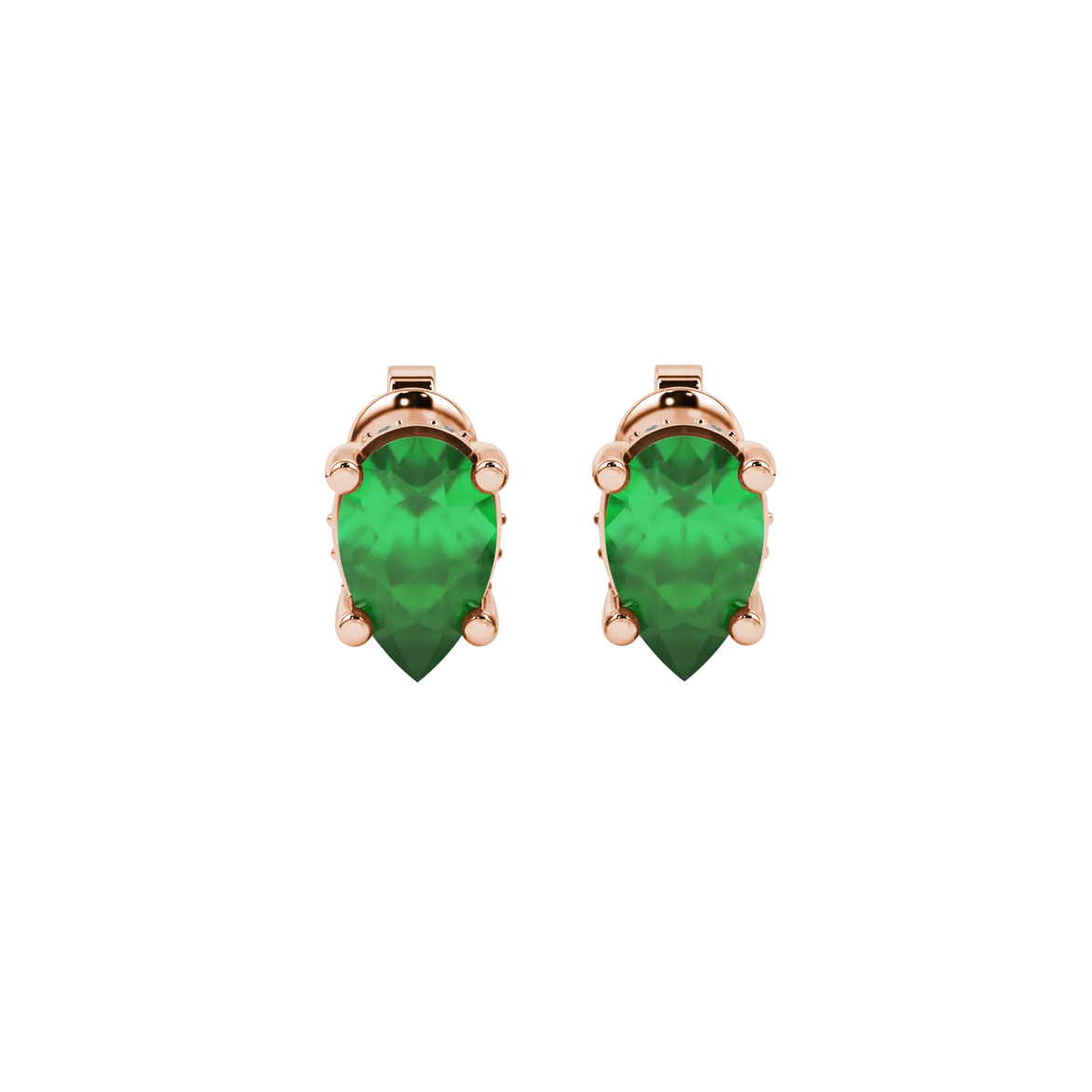 Pear shape emerald green gemstone earrings, rose gold pavé basket setting.