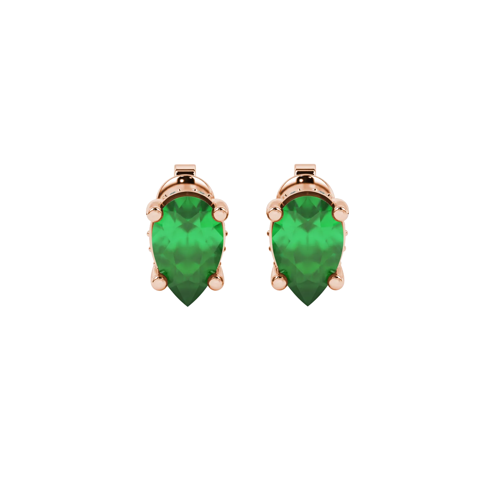 Pear shape emerald green gemstone earrings, rose gold pavé basket setting.