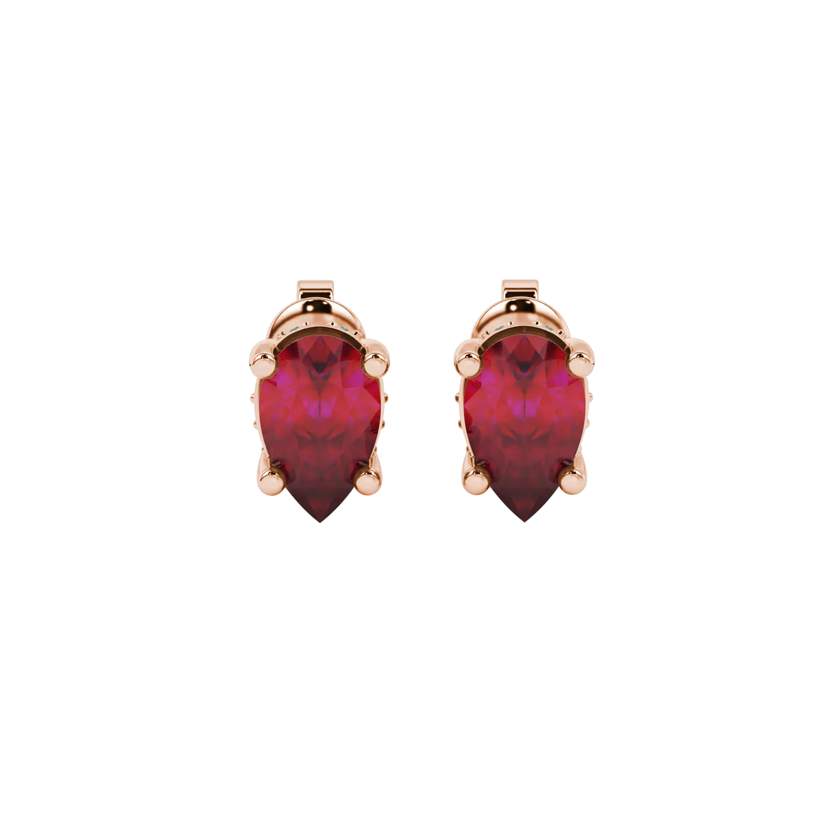 Pear shape raspberry red gemstone earrings, rose gold pavé basket setting.