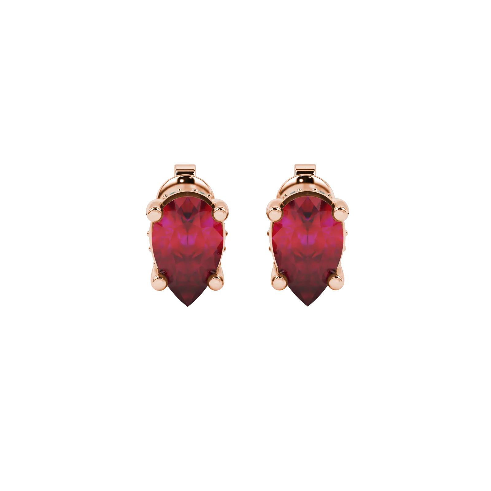 Pear shape raspberry red gemstone earrings, rose gold pavé basket setting.