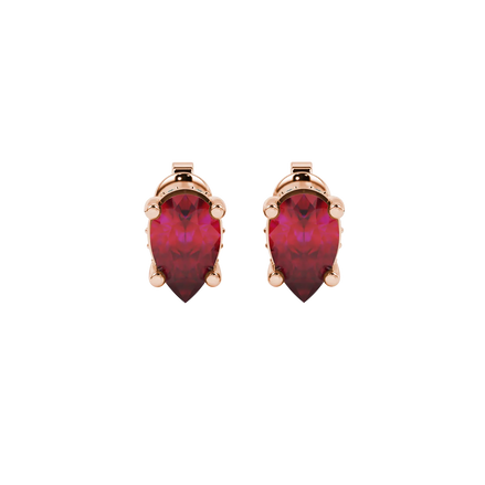 Pear shape raspberry red gemstone earrings, rose gold pavé basket setting.