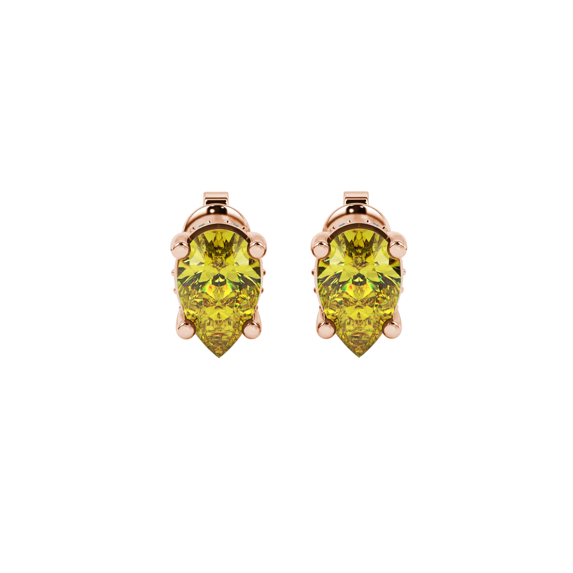 Pear shape canary yellow gemstone earrings, rose gold pavé basket setting.