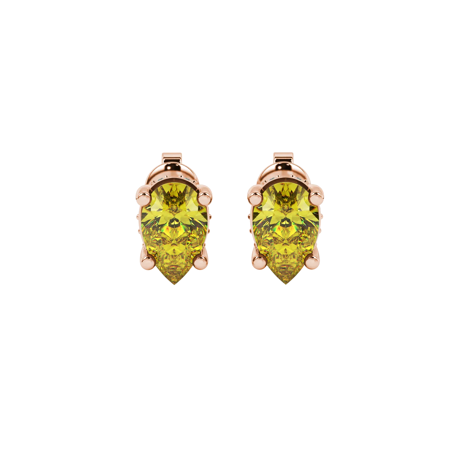 Pear shape canary yellow gemstone earrings, rose gold pavé basket setting.