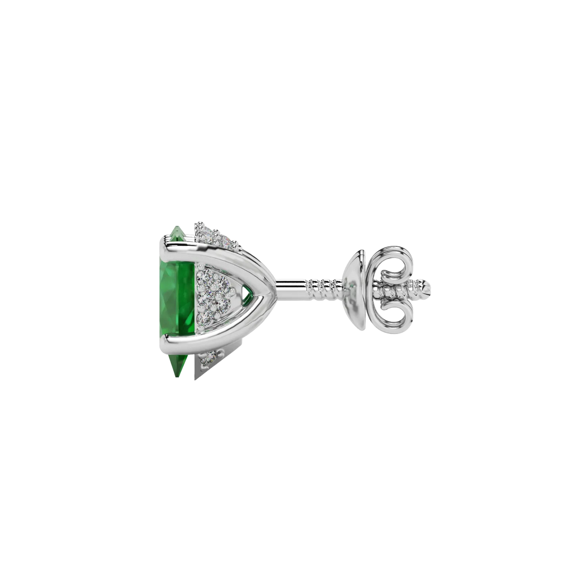 Side profile, white gold emerald green earrings, pavé basket gallery.