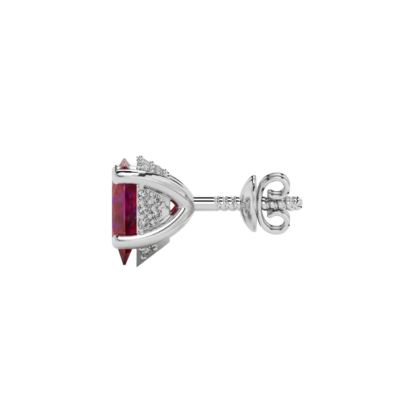 Side profile, white gold raspberry red earrings, pavé basket gallery.