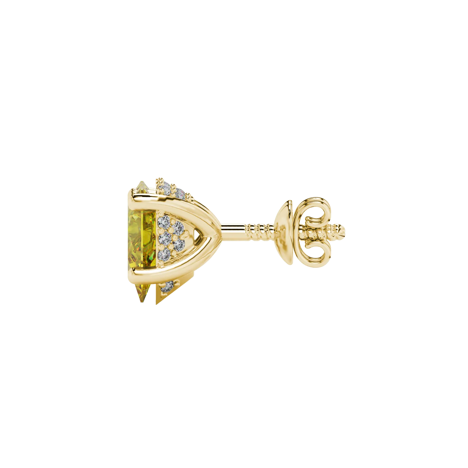 Side profile, yellow gold canary yellow earrings, pavé basket gallery.