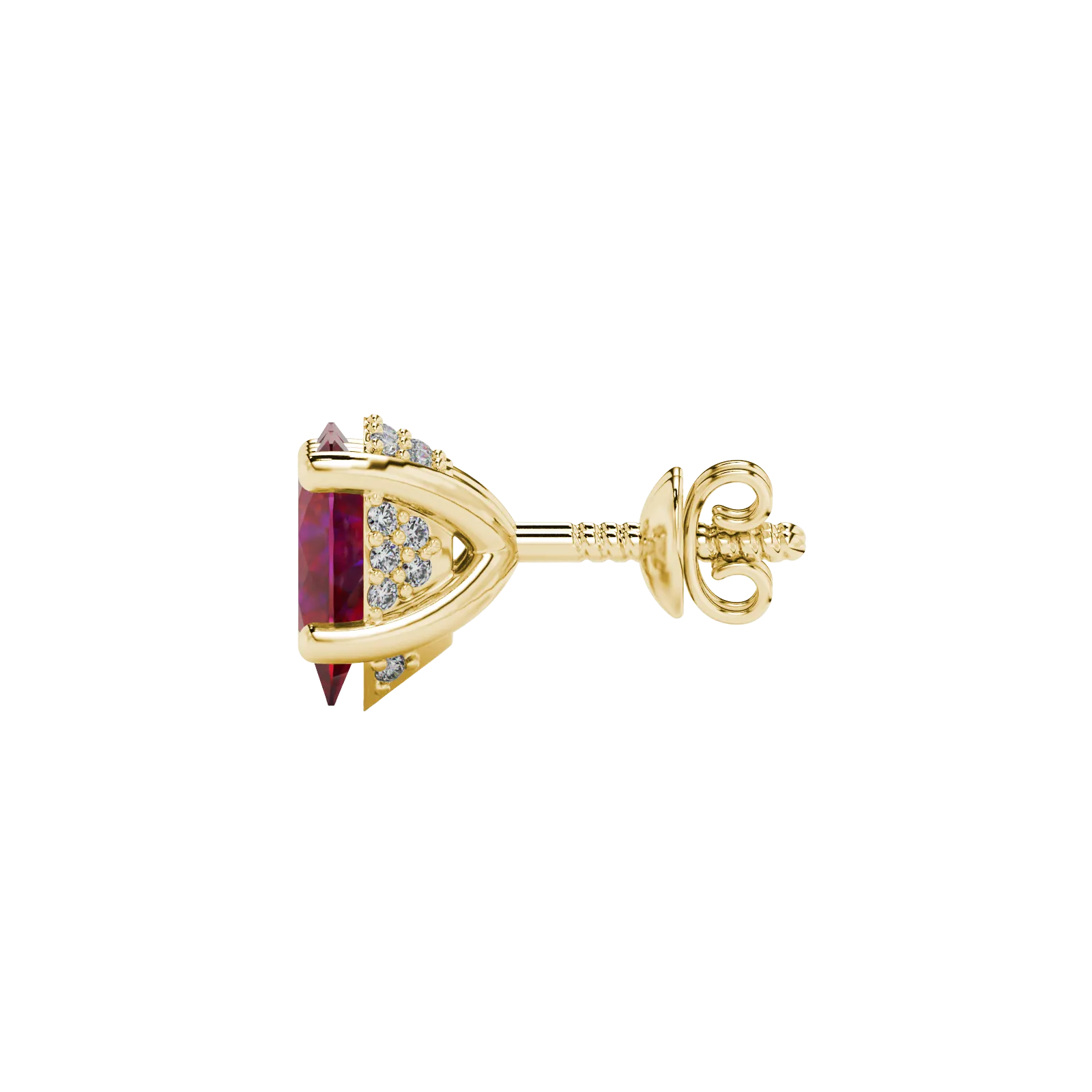 Side profile, yellow gold raspberry red earrings, pavé basket gallery.