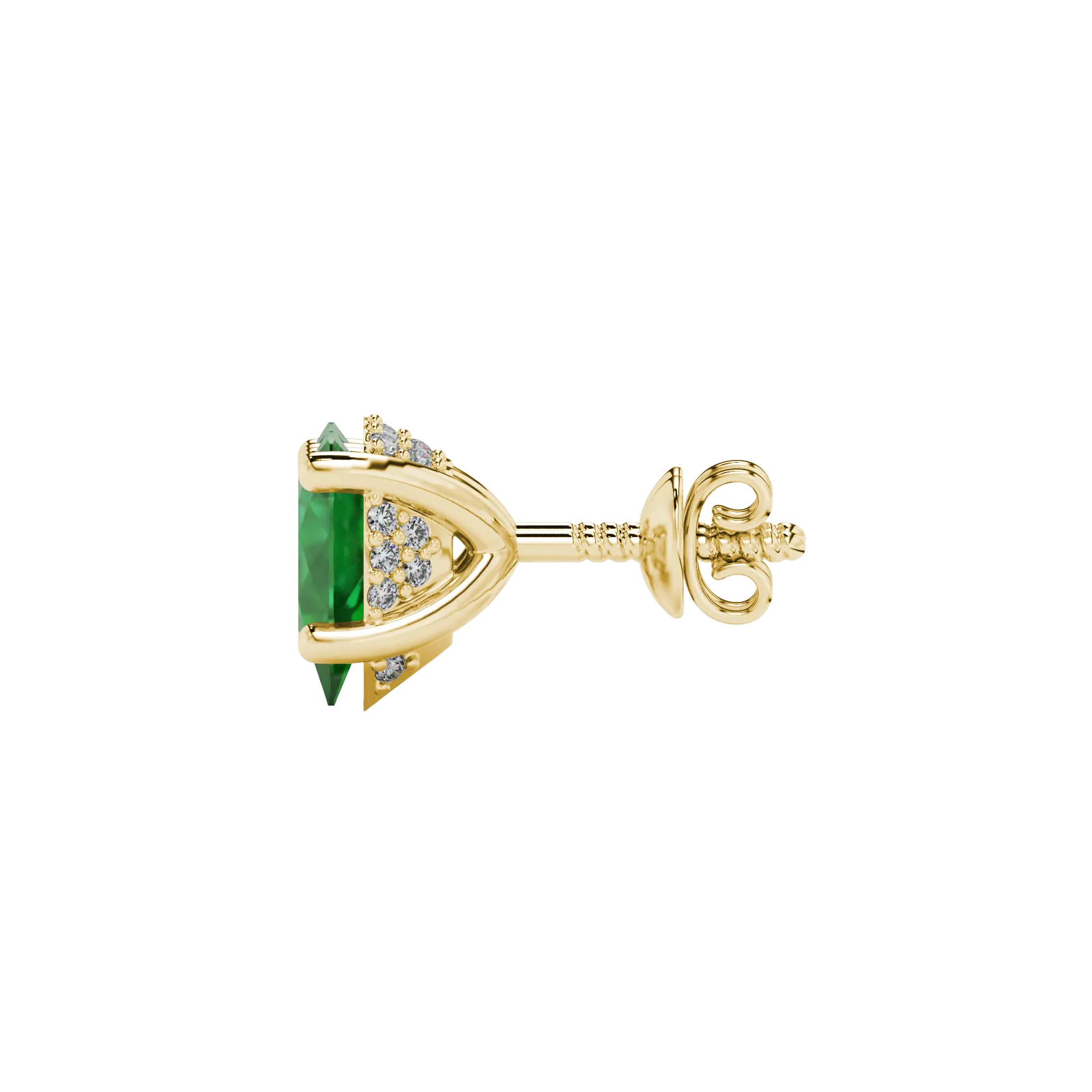 Side profile, yellow gold emerald green earrings, pavé basket gallery.