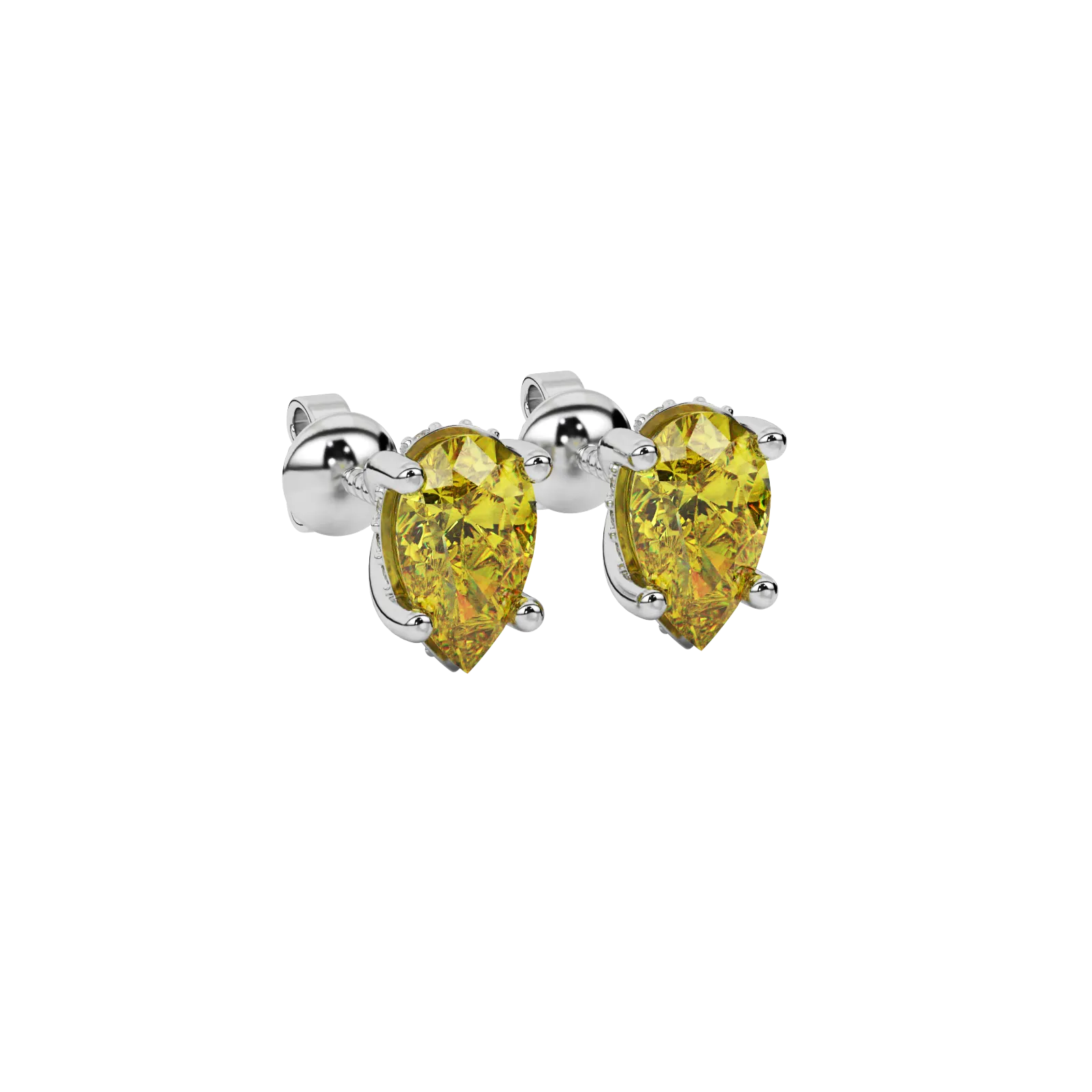 Close-up canary yellow gemstone, white gold pavé basket.