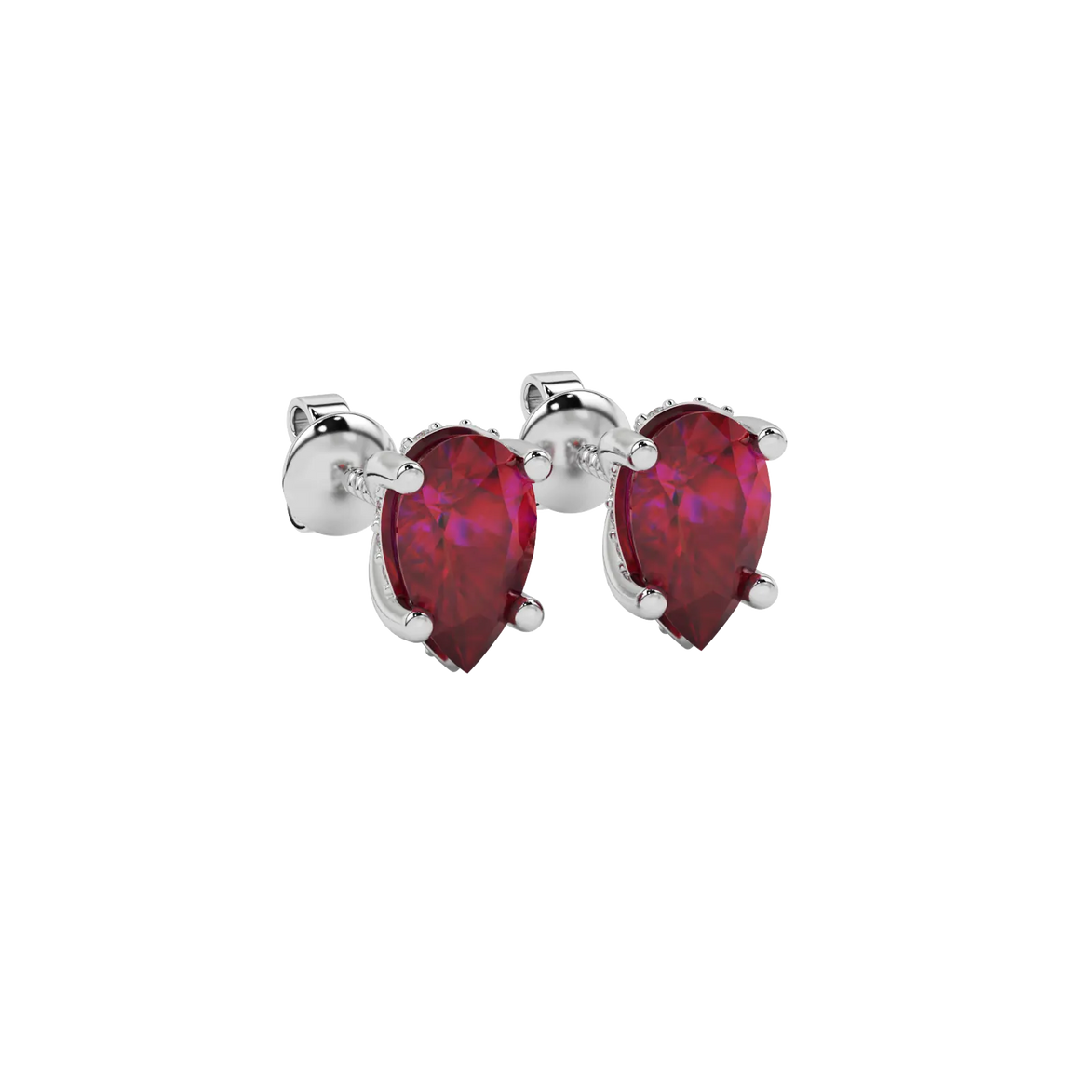 Close-up raspberry red gemstone, white gold pavé basket.