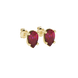Close-up, pear shape raspberry red gemstone, yellow gold pavé basket earrings.