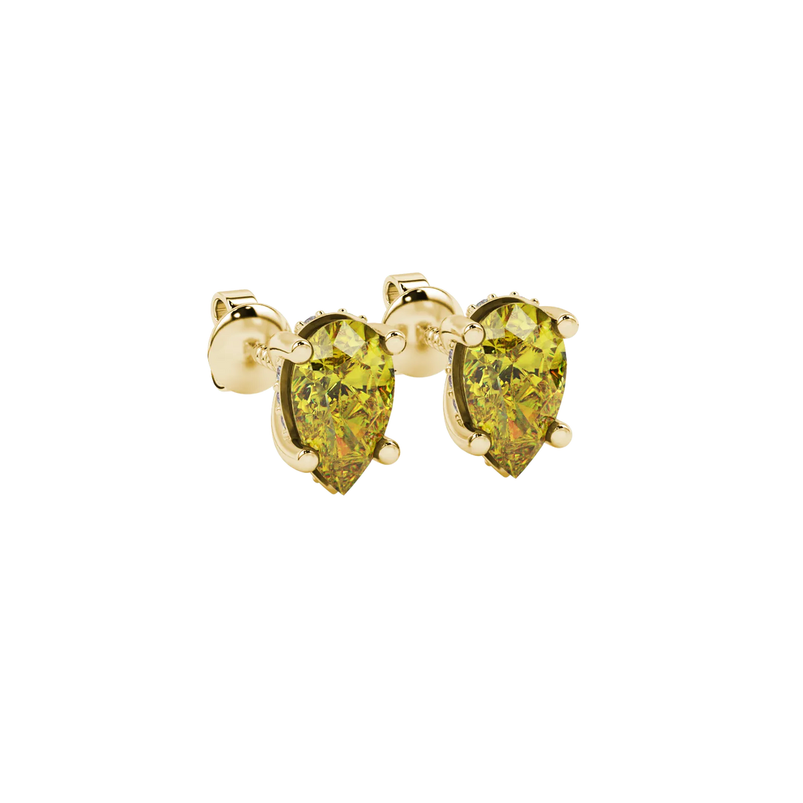 Close-up, pear shape canary yellow gemstone, yellow gold pavé basket earrings.