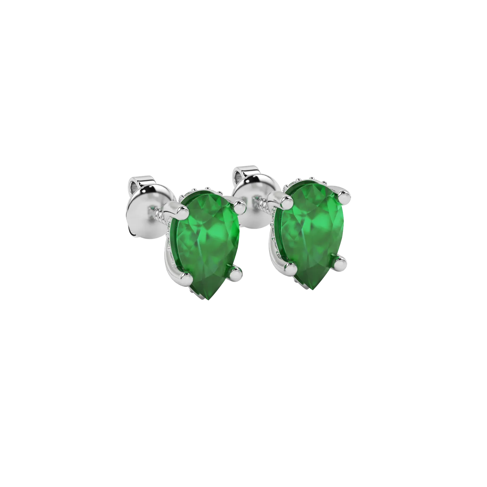 Close-up emerald green gemstone, white gold pavé basket.