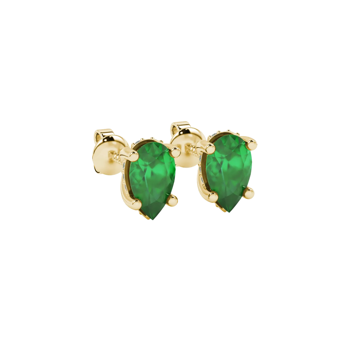 Close-up, pear shape emerald green gemstone, yellow gold pavé basket earrings.