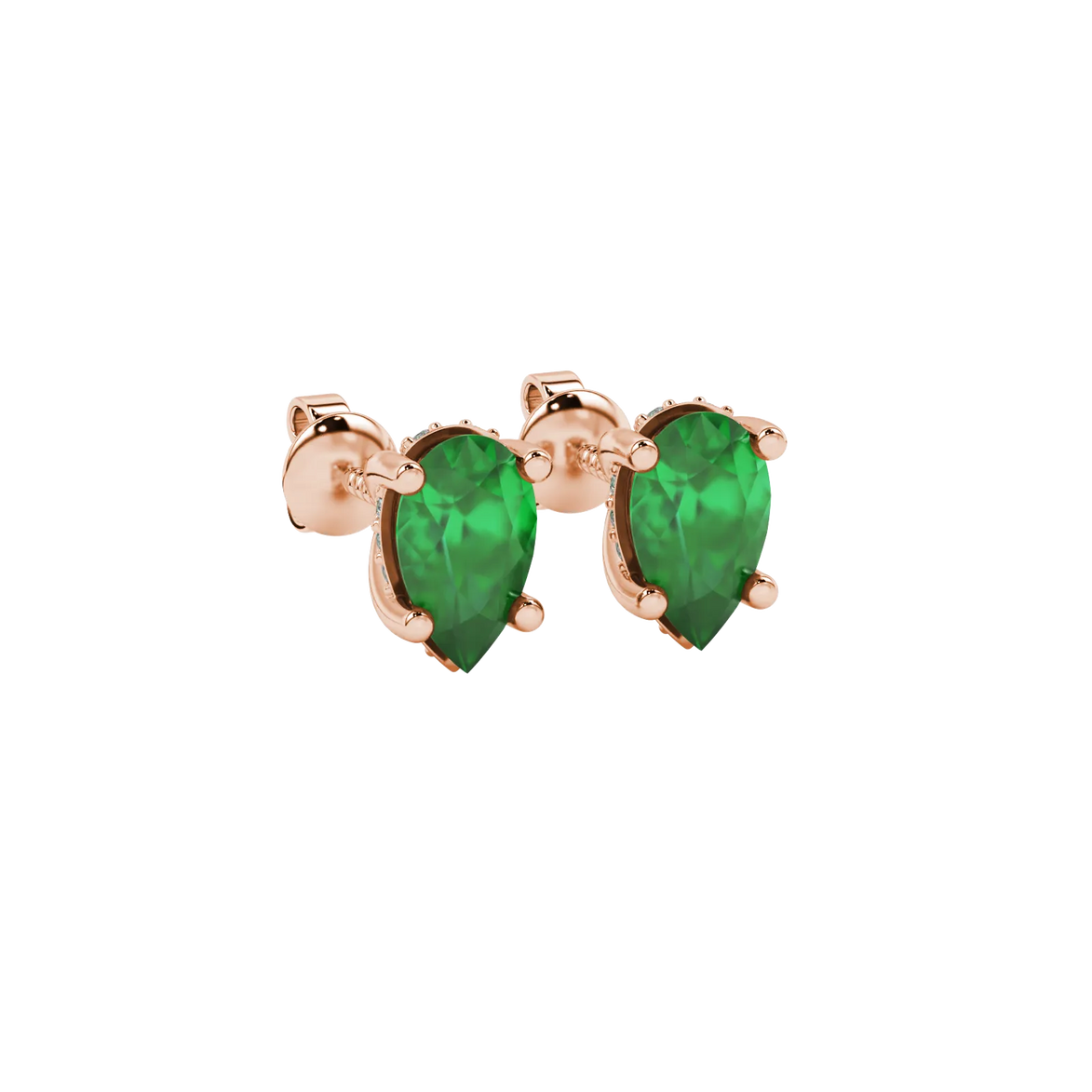 Close-up, pear shape emerald green gemstone earrings, rose gold pavé basket.