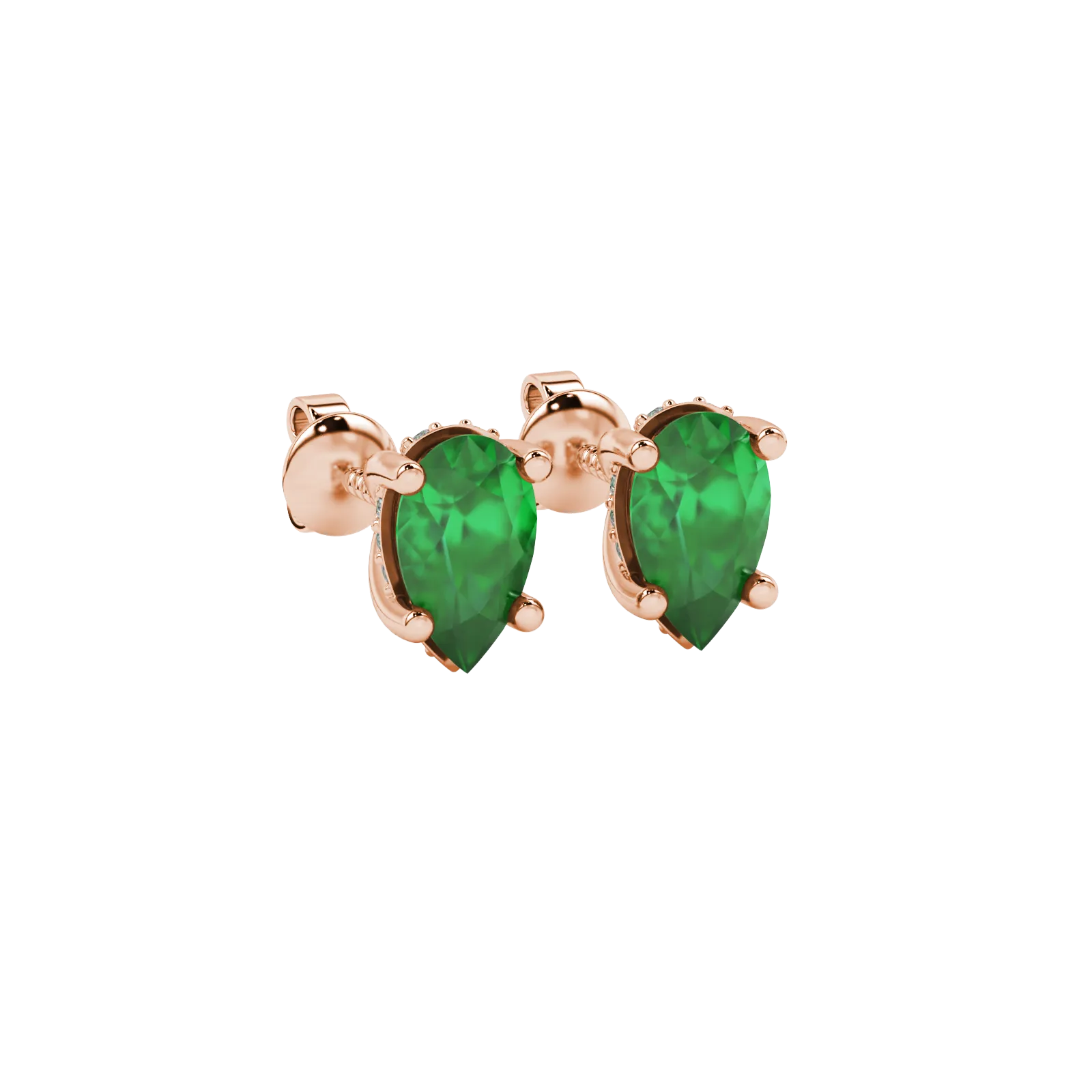 Close-up, pear shape emerald green gemstone earrings, rose gold pavé basket.