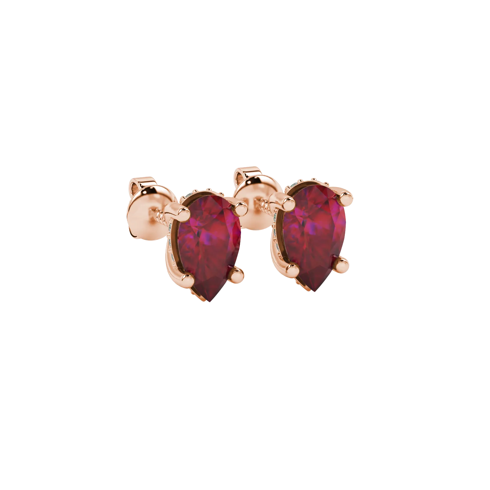 Close-up, pear shape raspberry red gemstone earrings, rose gold pavé basket.