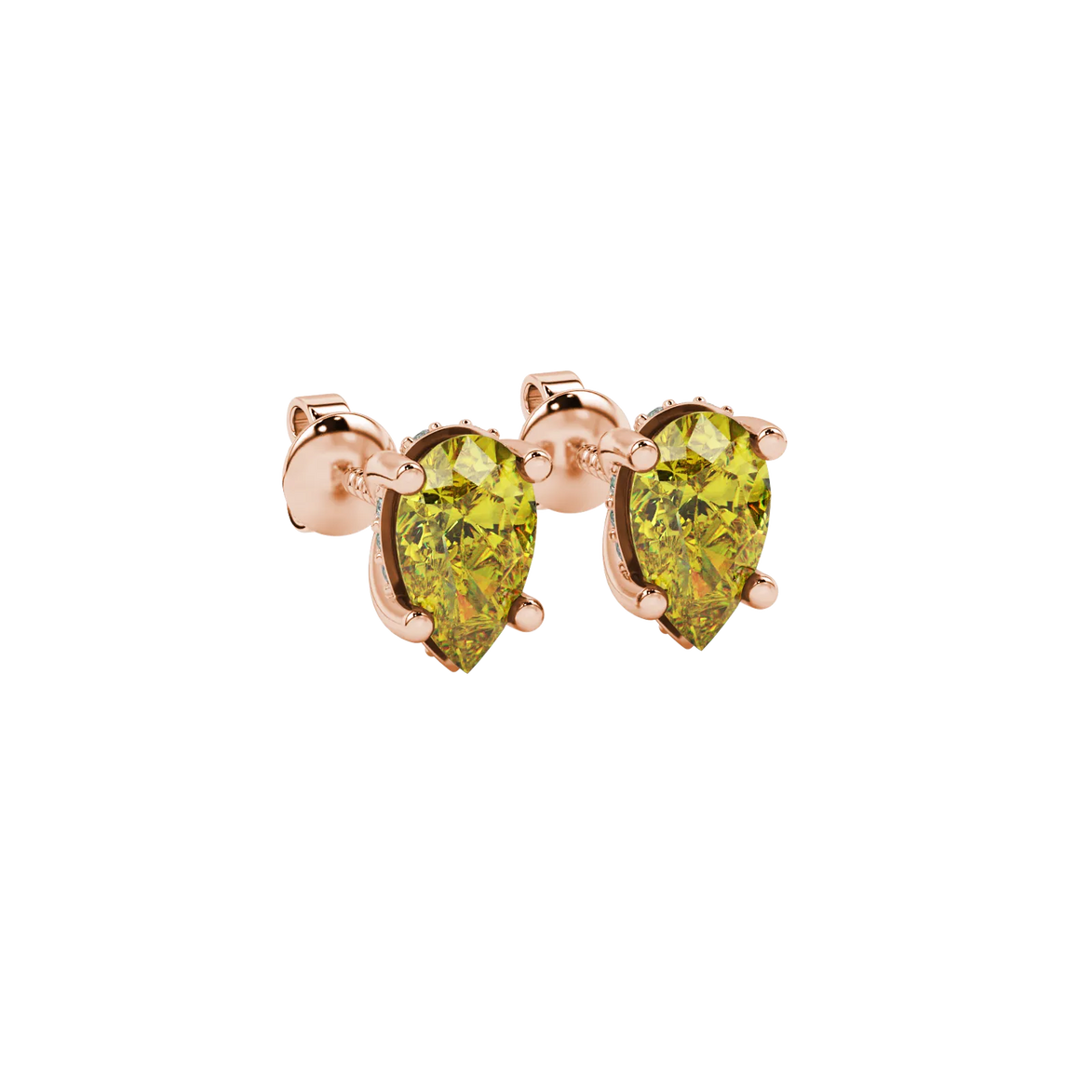 Close-up, pear shape canary yellow gemstone earrings, rose gold pavé basket.