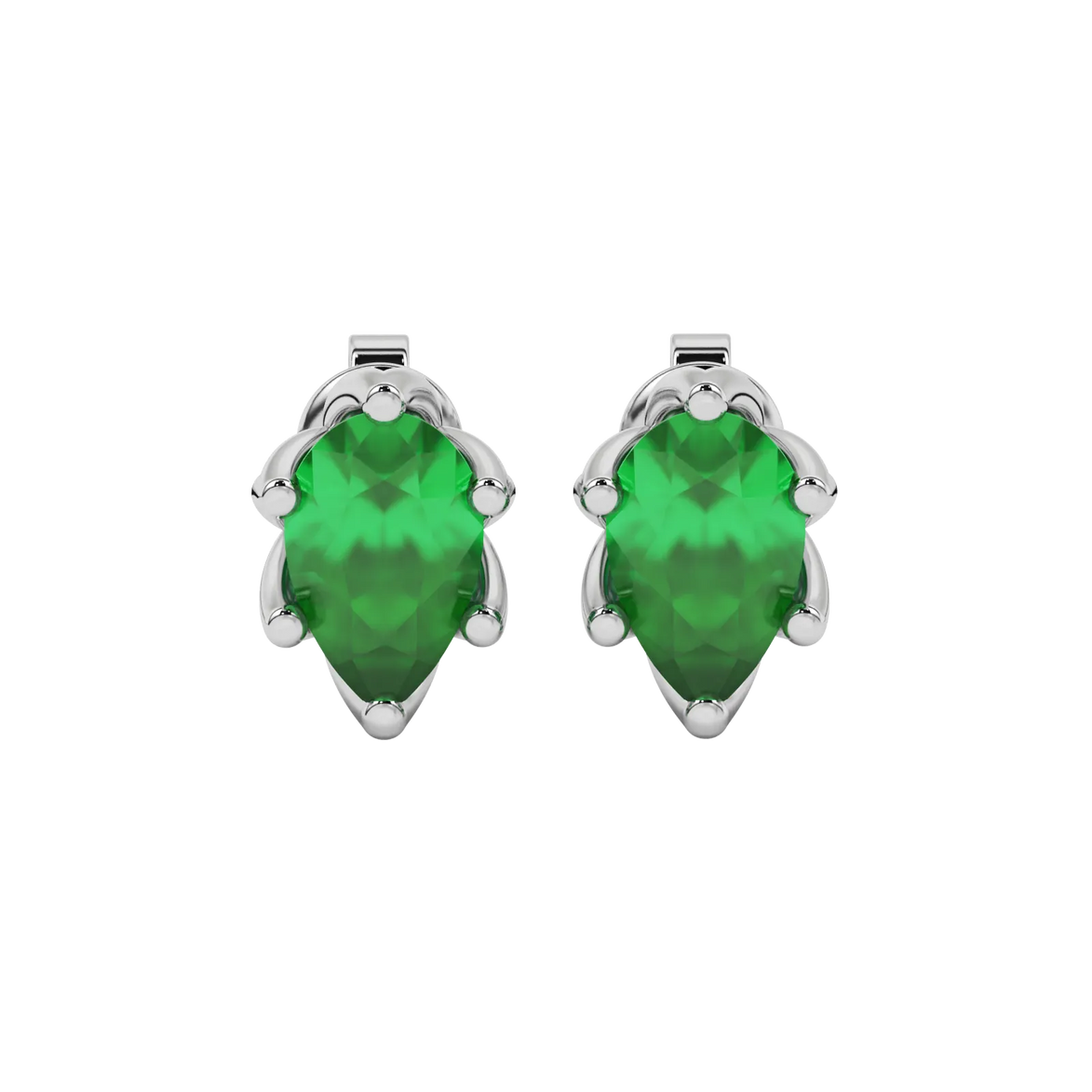 Pear shape emerald green gemstone earrings, white gold scalloped six-prong setting.