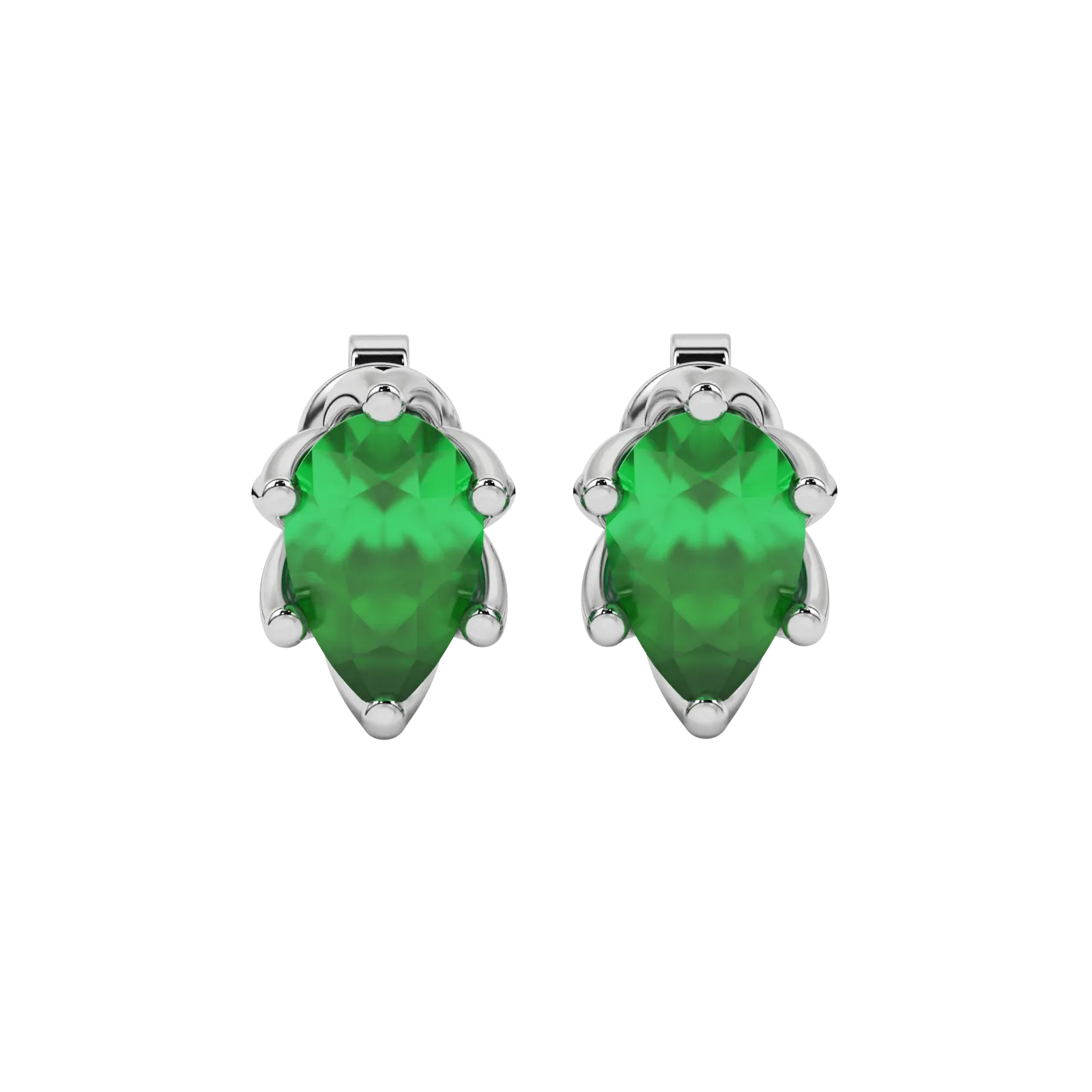 Pear shape emerald green gemstone earrings, white gold scalloped six-prong setting.