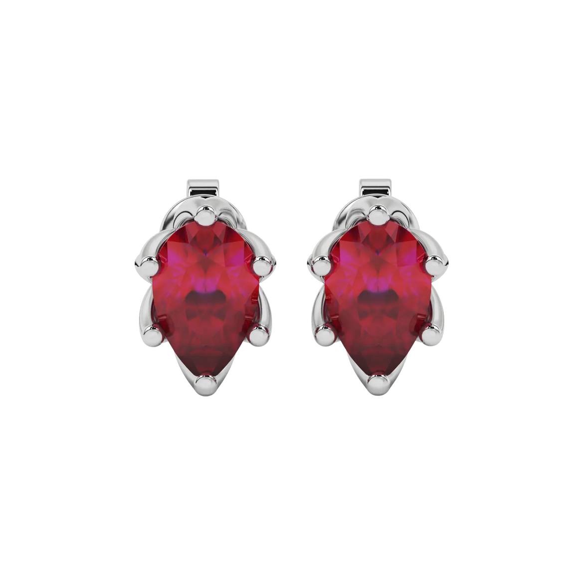 Pear shape raspberry red gemstone earrings, white gold scalloped six-prong setting.