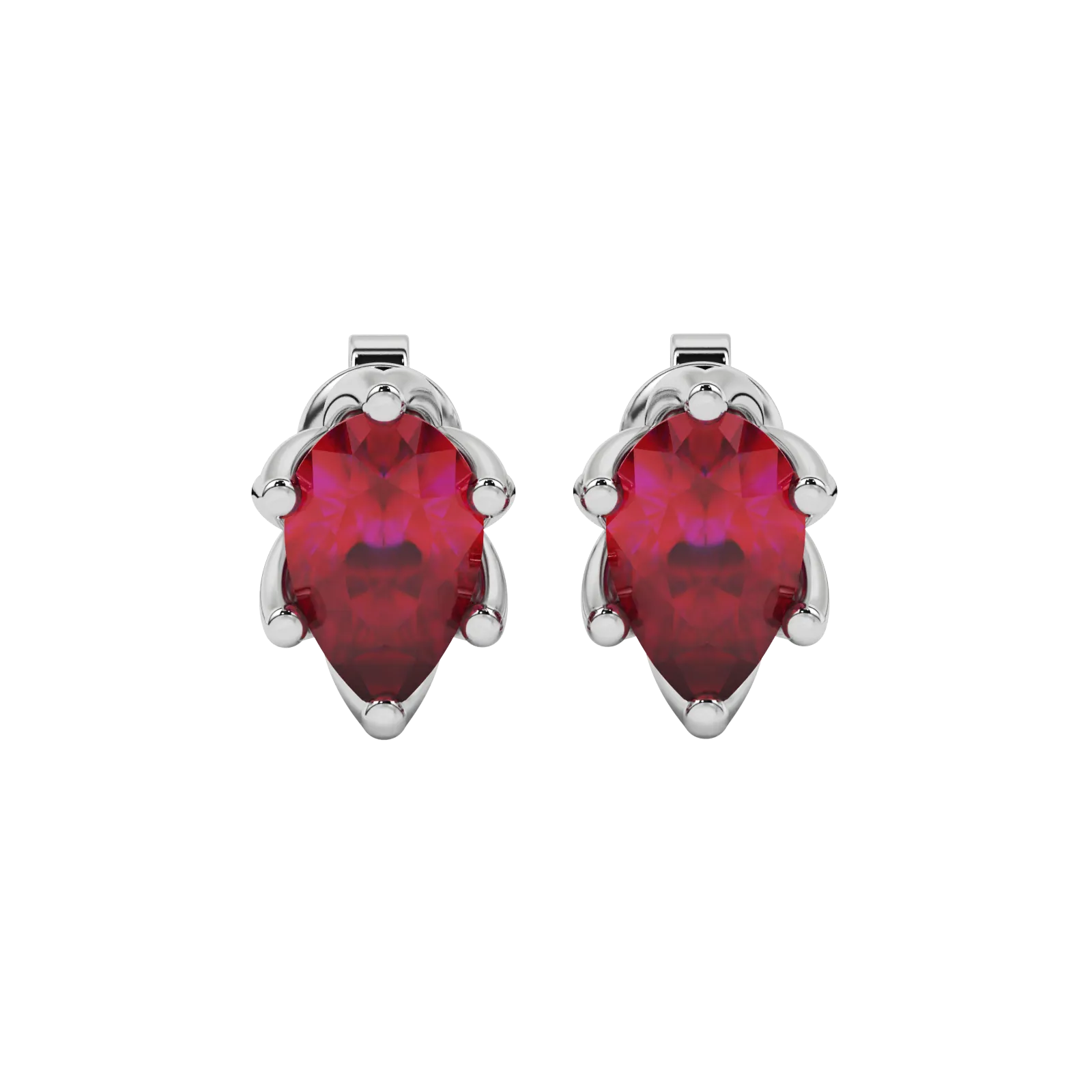 Pear shape raspberry red gemstone earrings, white gold scalloped six-prong setting.