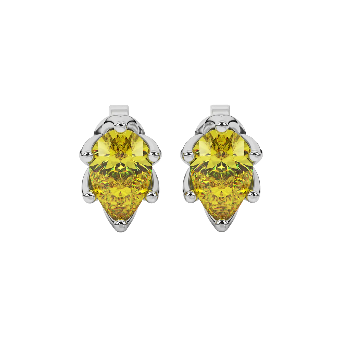 Pear shape canary yellow gemstone earrings, white gold scalloped six-prong setting.