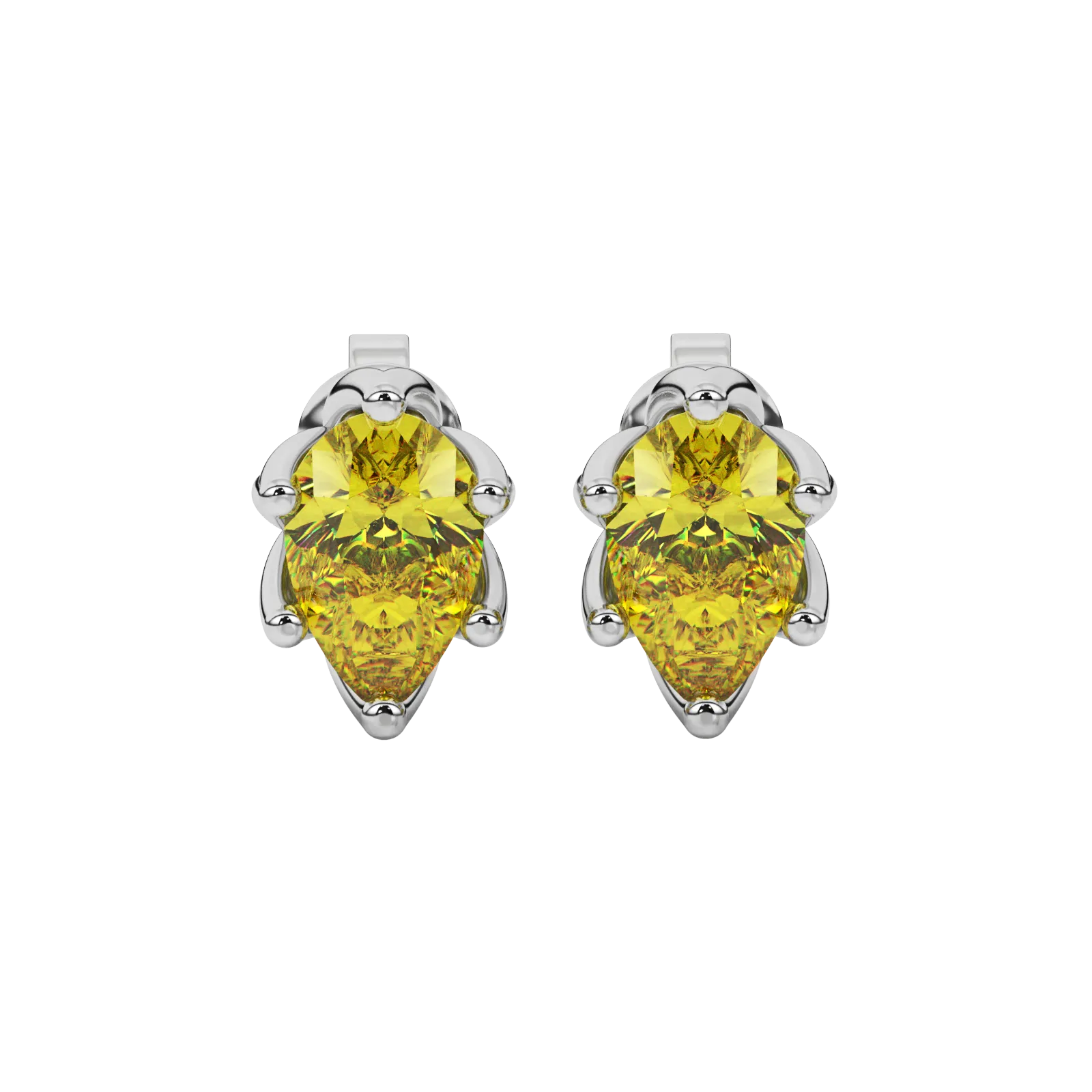 Pear shape canary yellow gemstone earrings, white gold scalloped six-prong setting.