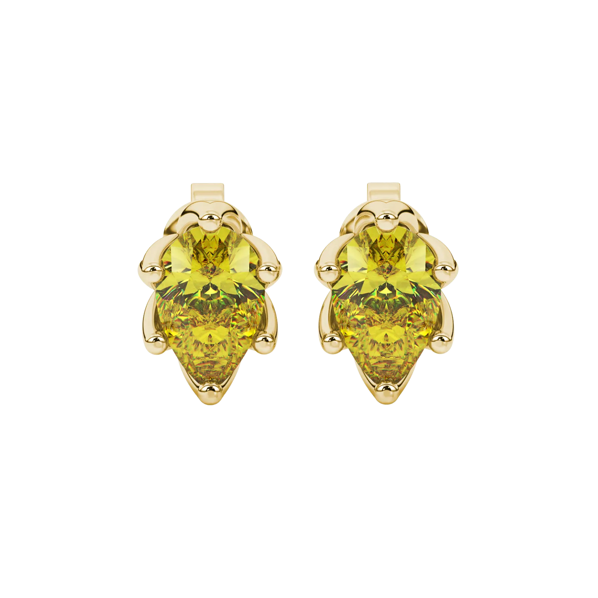 Pear shape canary yellow gemstone earrings, yellow gold scalloped six-prong setting.