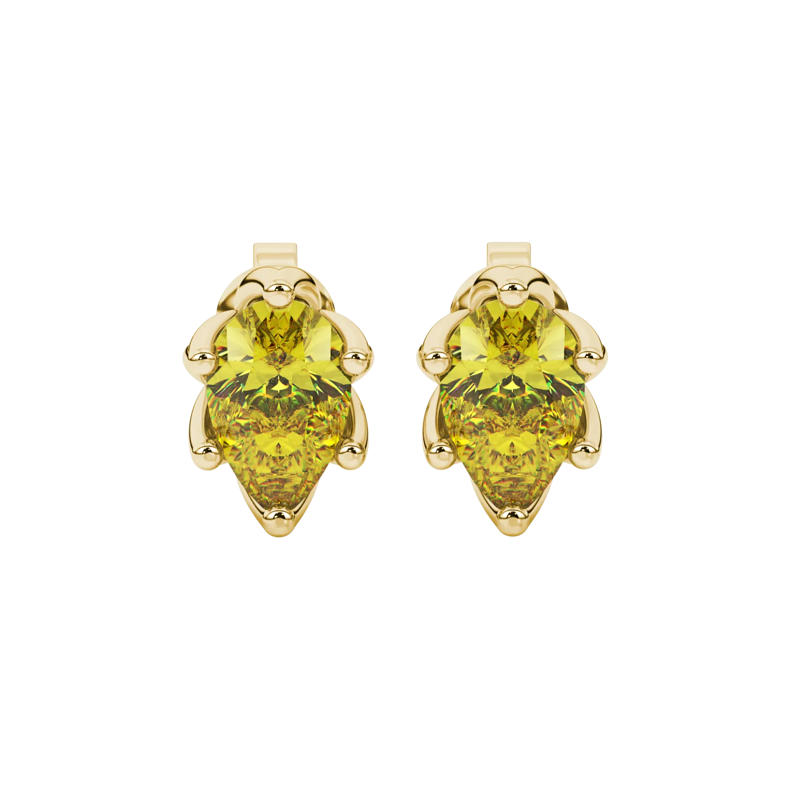 Pear shape canary yellow gemstone earrings, yellow gold scalloped six-prong setting.