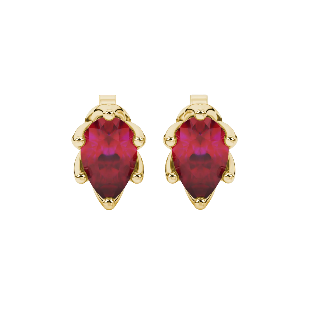 Pear shape raspberry red gemstone earrings, yellow gold scalloped six-prong setting.