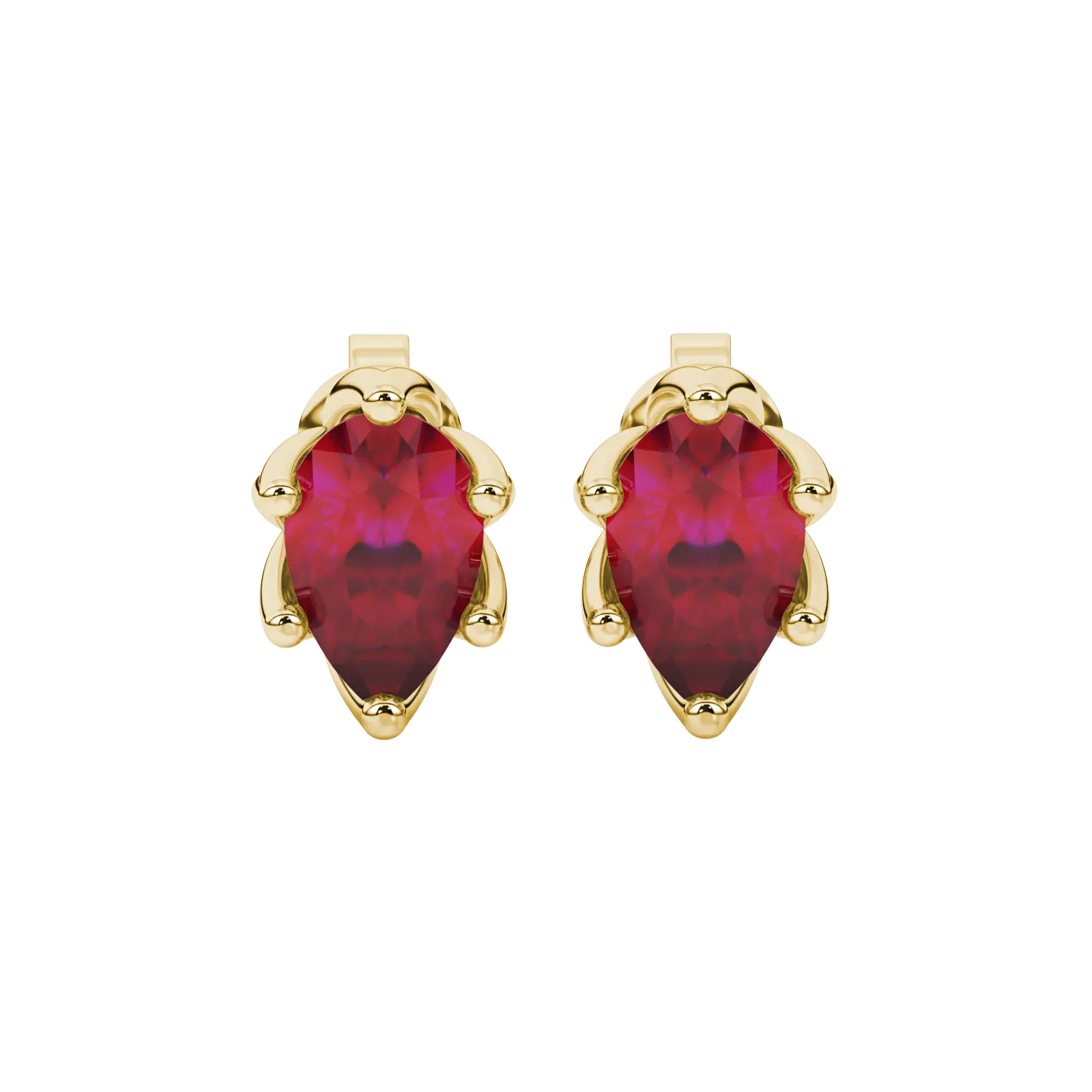 Pear shape raspberry red gemstone earrings, yellow gold scalloped six-prong setting.