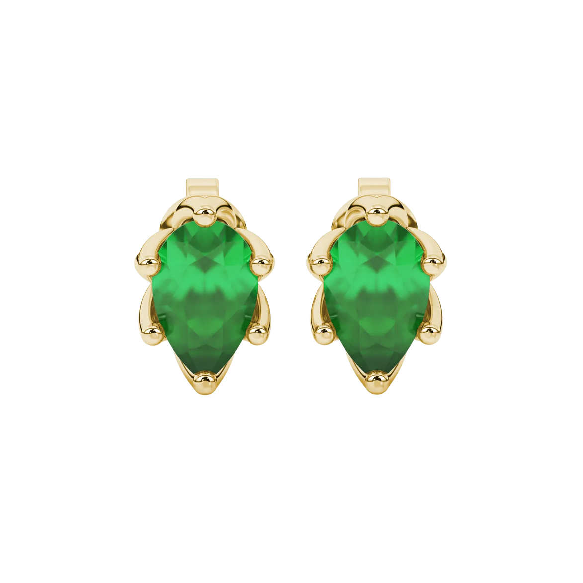 Pear shape emerald green gemstone earrings, yellow gold scalloped six-prong setting.