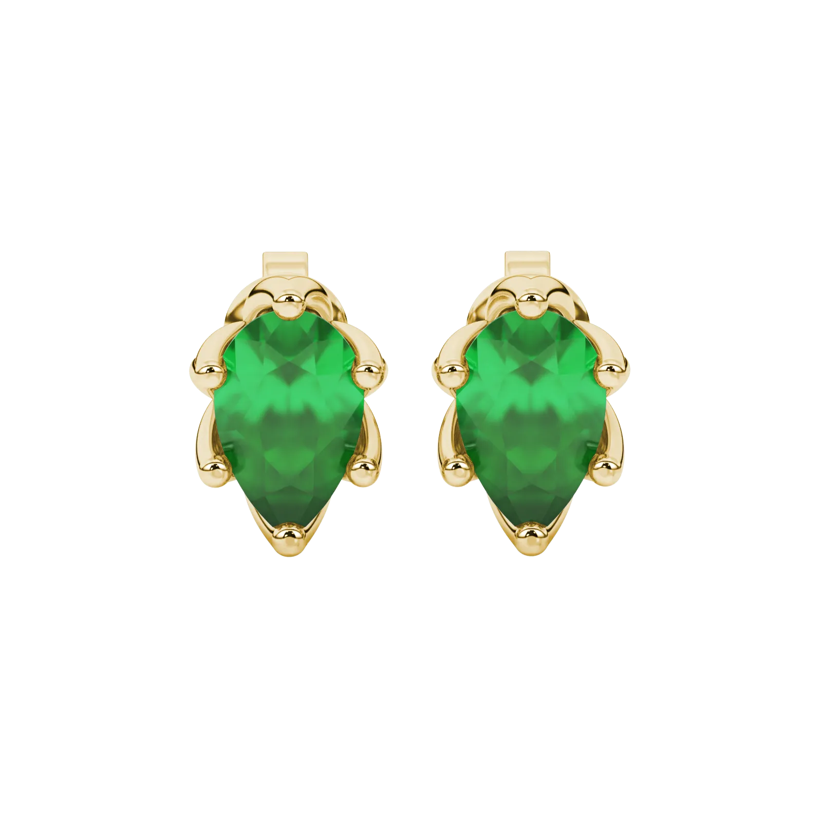 Pear shape emerald green gemstone earrings, yellow gold scalloped six-prong setting.