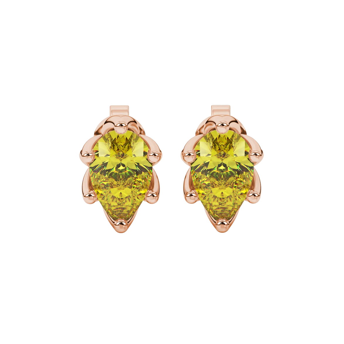 Pear shape canary yellow gemstone earrings, rose gold scalloped six-prong setting.