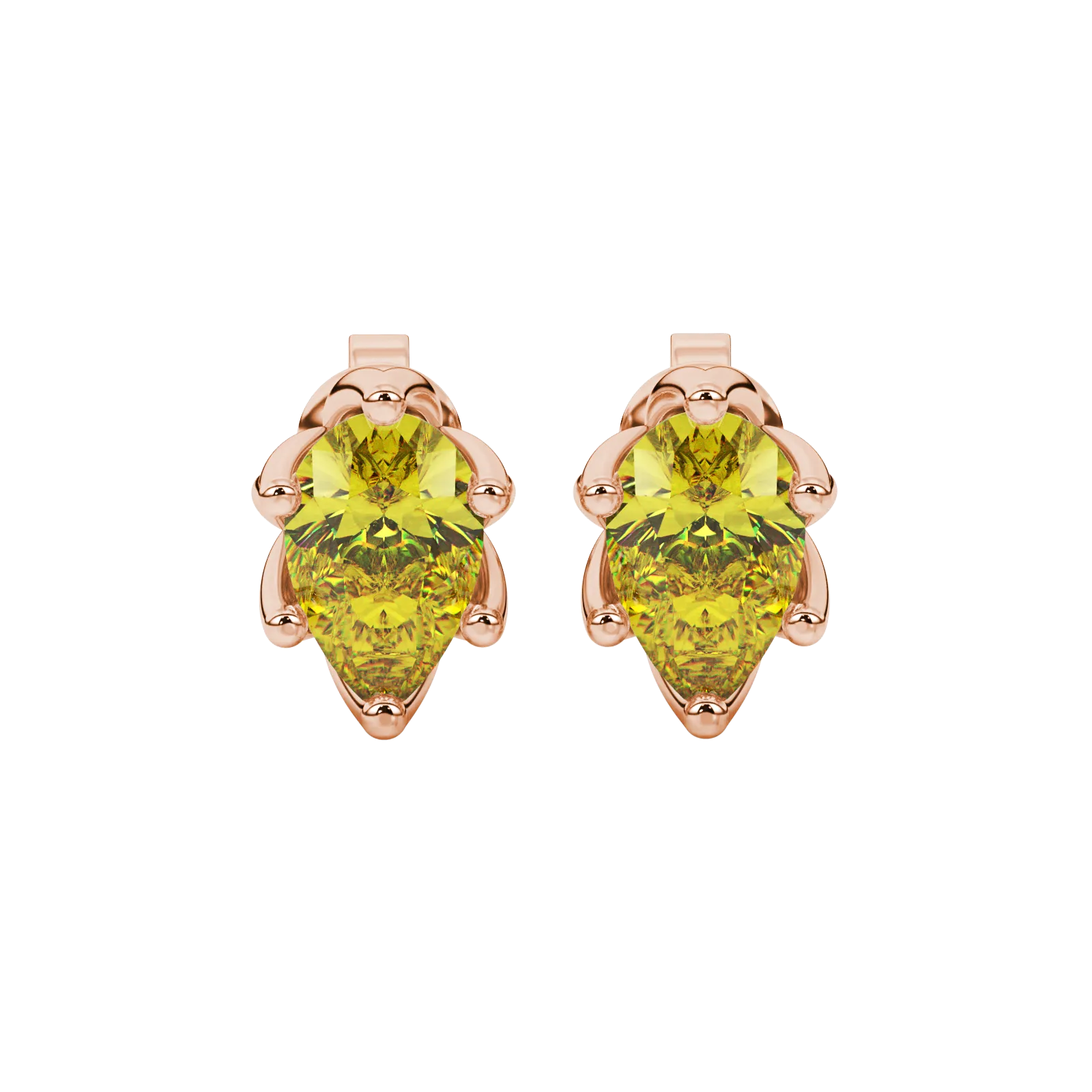 Pear shape canary yellow gemstone earrings, rose gold scalloped six-prong setting.