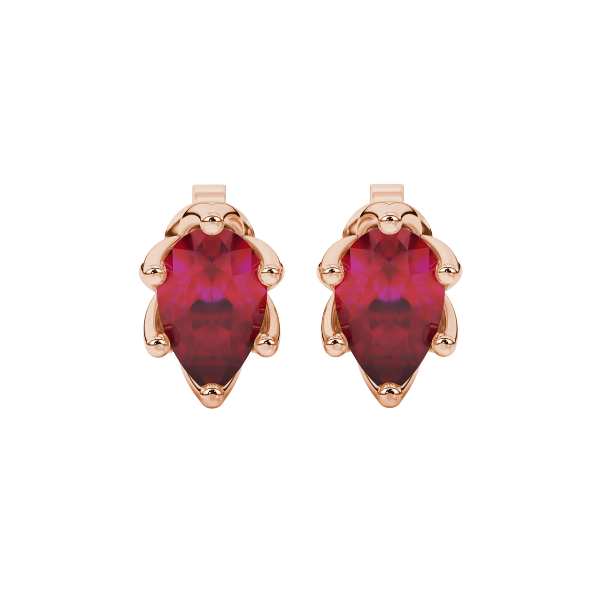 Pear shape raspberry red gemstone earrings, rose gold scalloped six-prong setting.