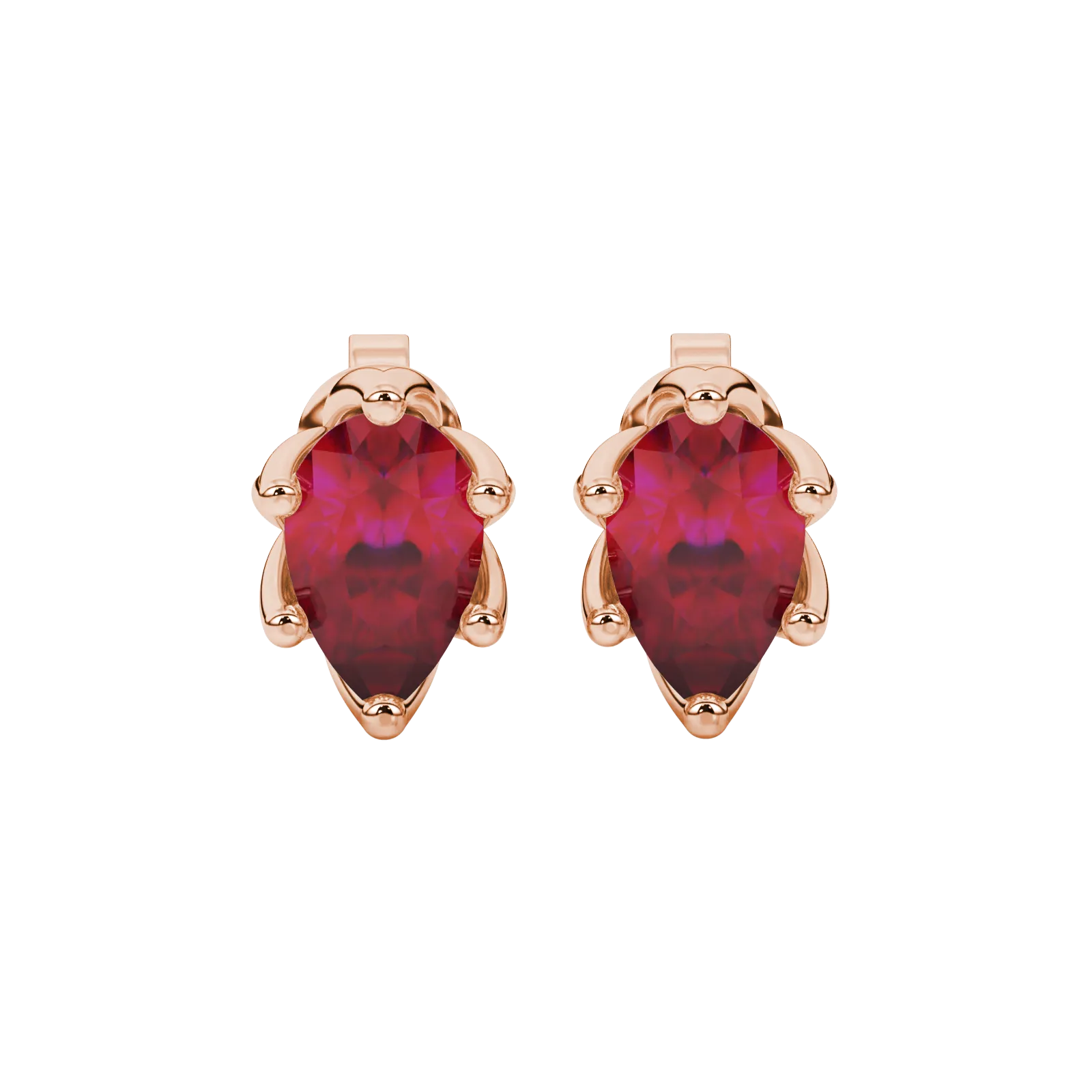 Pear shape raspberry red gemstone earrings, rose gold scalloped six-prong setting.