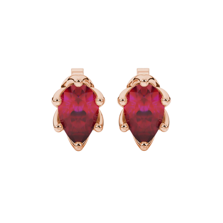 Pear shape raspberry red gemstone earrings, rose gold scalloped six-prong setting.