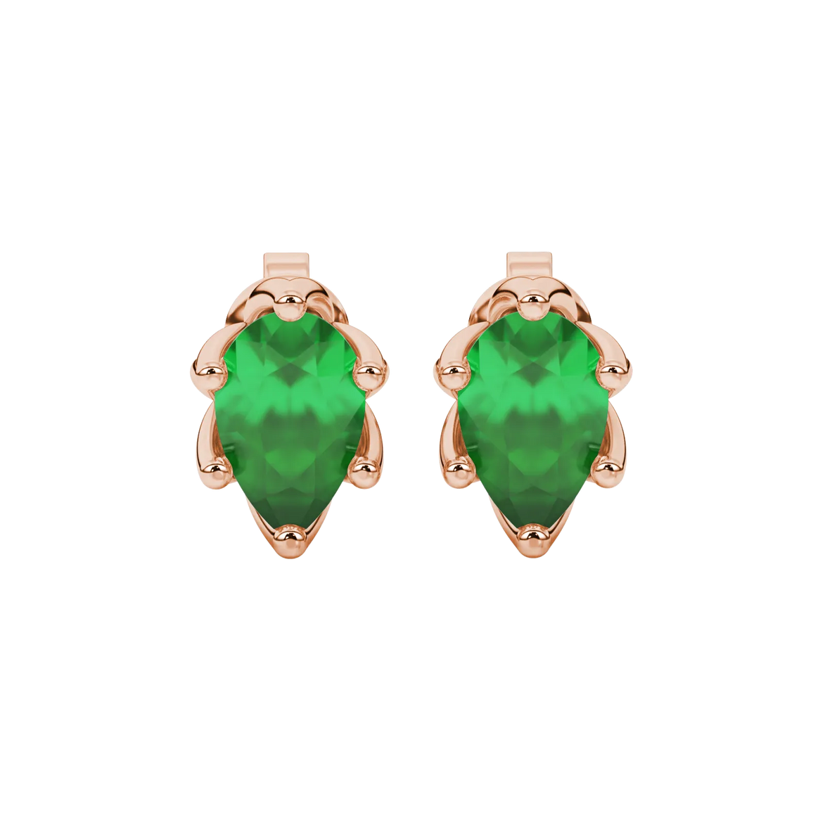 Pear shape emerald green gemstone earrings, rose gold scalloped six-prong setting.