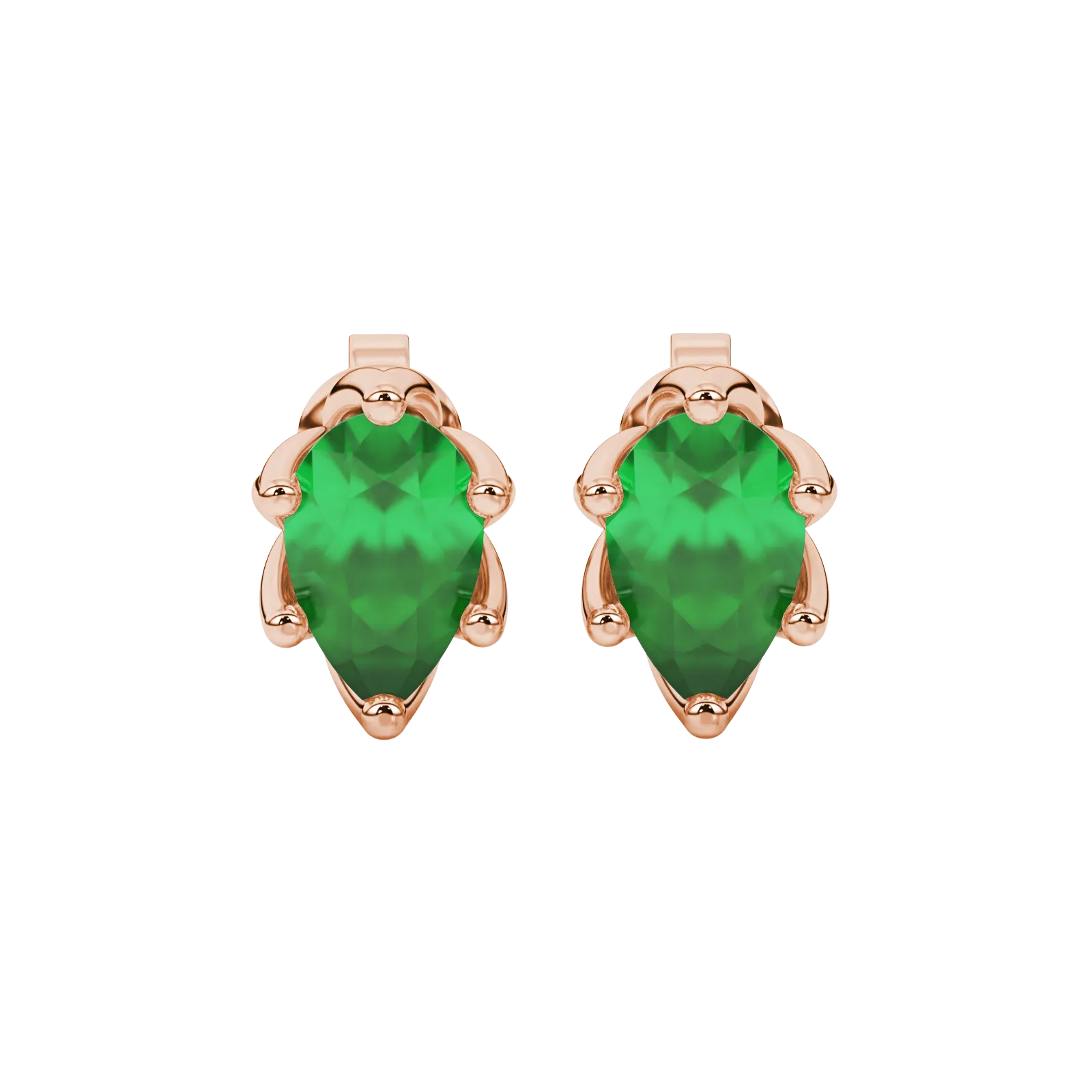 Pear shape emerald green gemstone earrings, rose gold scalloped six-prong setting.