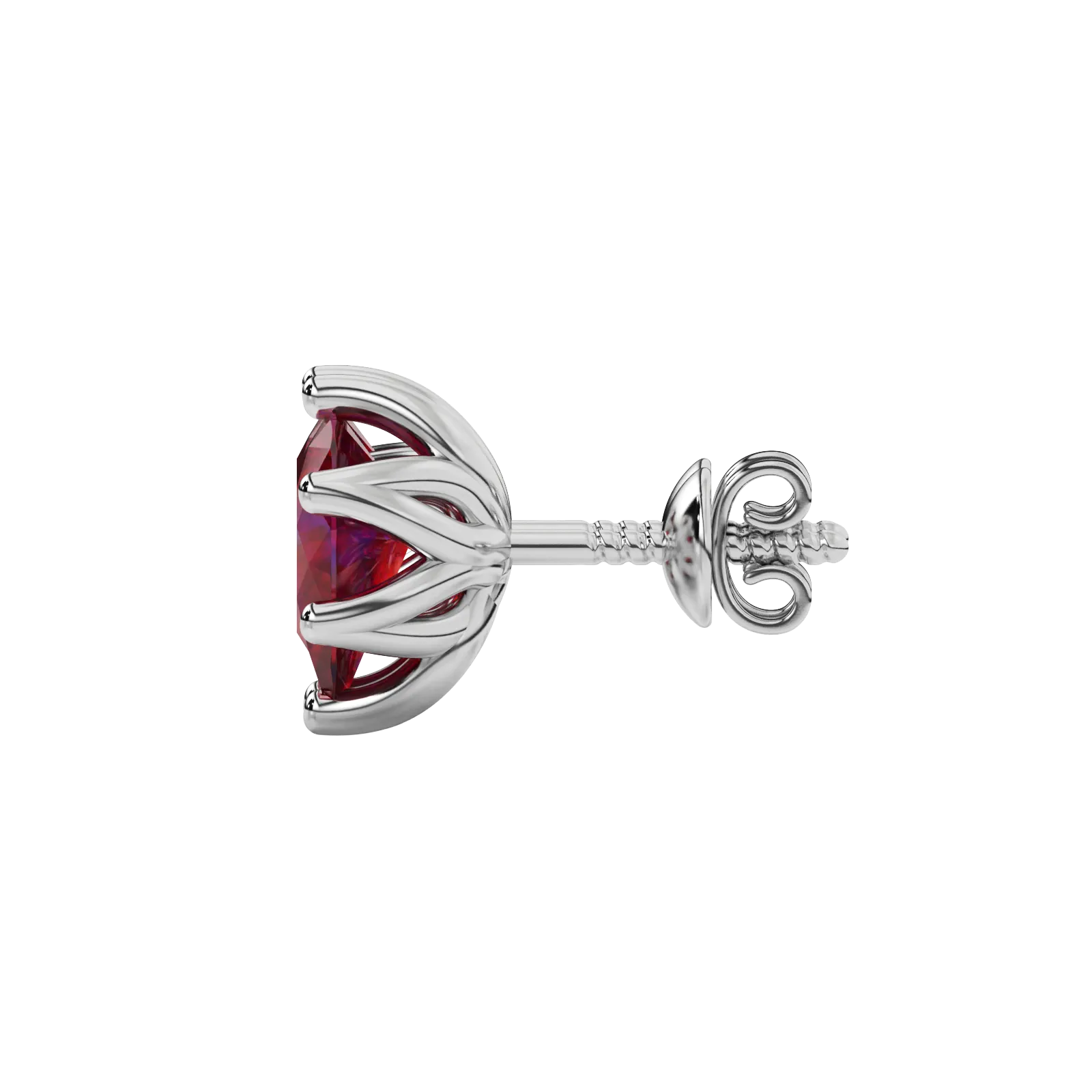 Side profile, white gold raspberry red earrings, scalloped six-prong gallery.