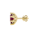 Side profile, yellow gold raspberry red earrings, scalloped six-prong gallery.