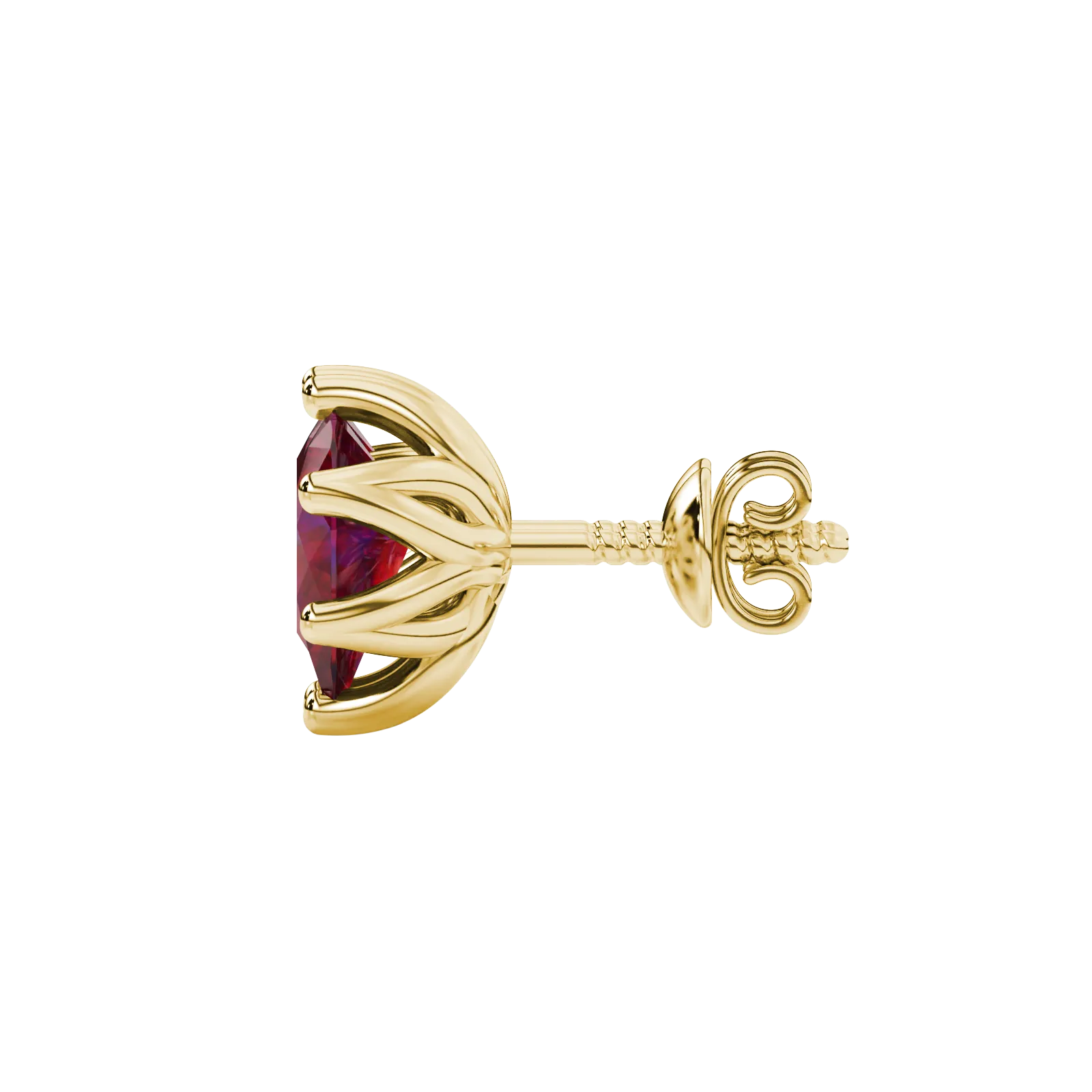 Side profile, yellow gold raspberry red earrings, scalloped six-prong gallery.