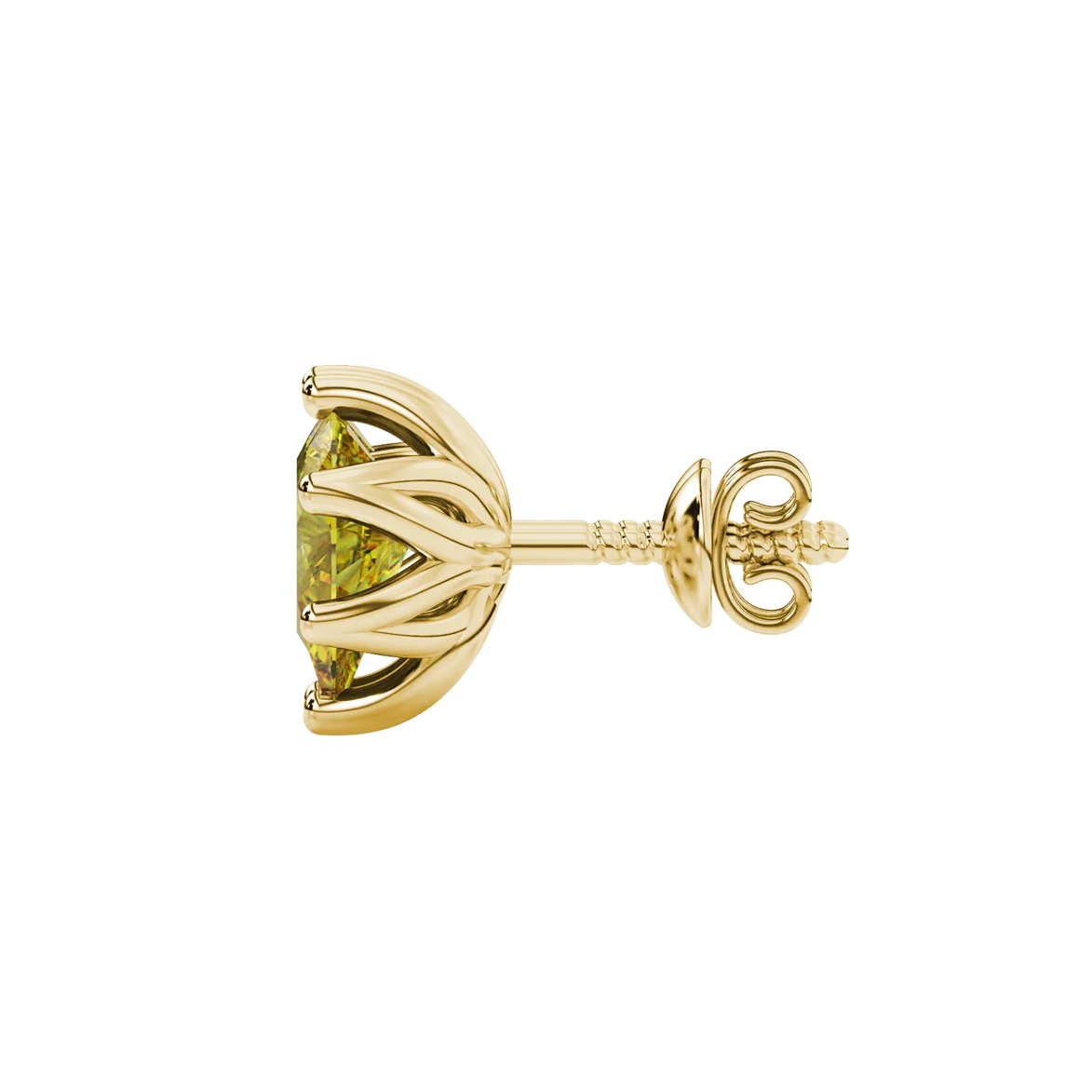 Side profile, yellow gold canary yellow earrings, scalloped six-prong gallery.