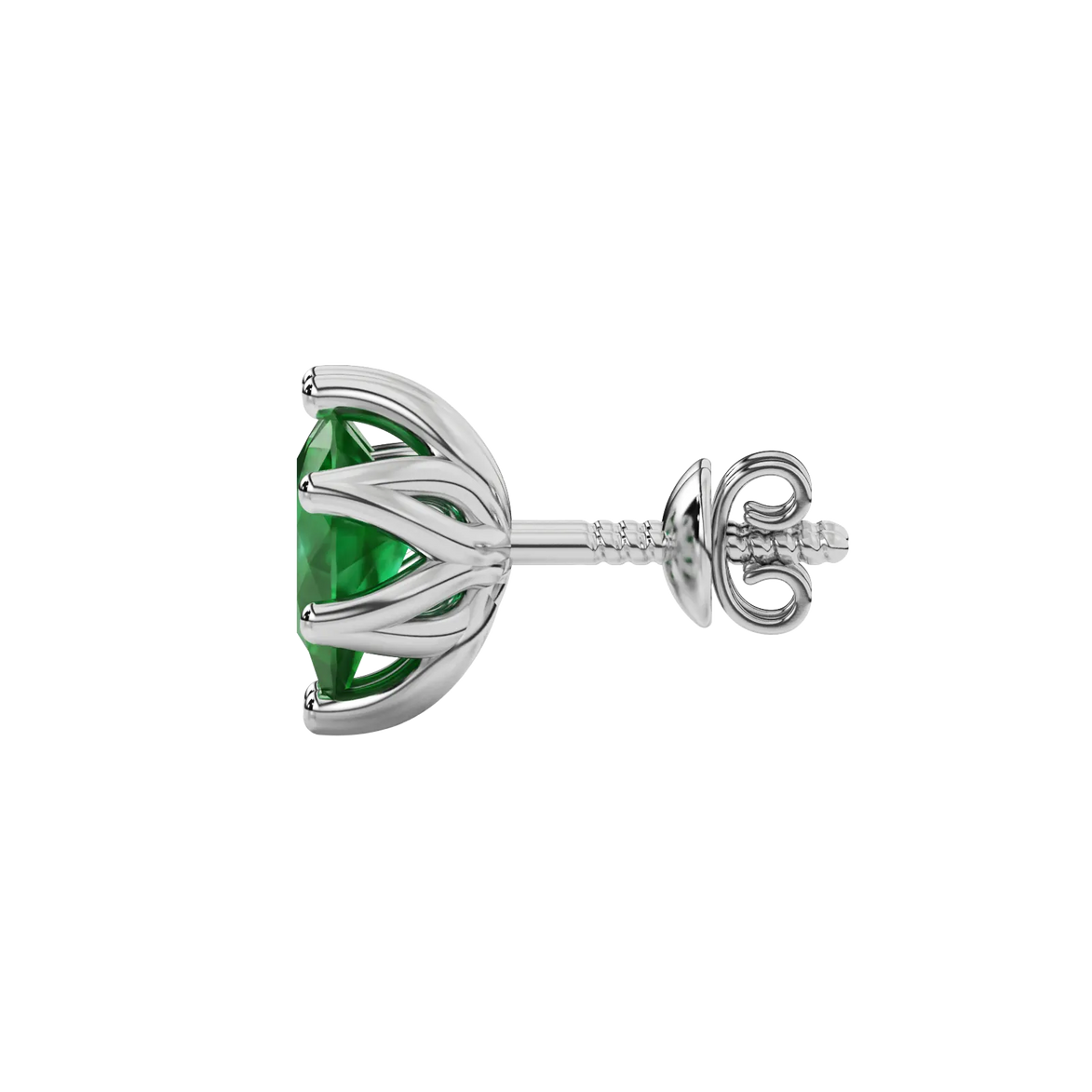 Side profile, white gold emerald green earrings, scalloped six-prong gallery.