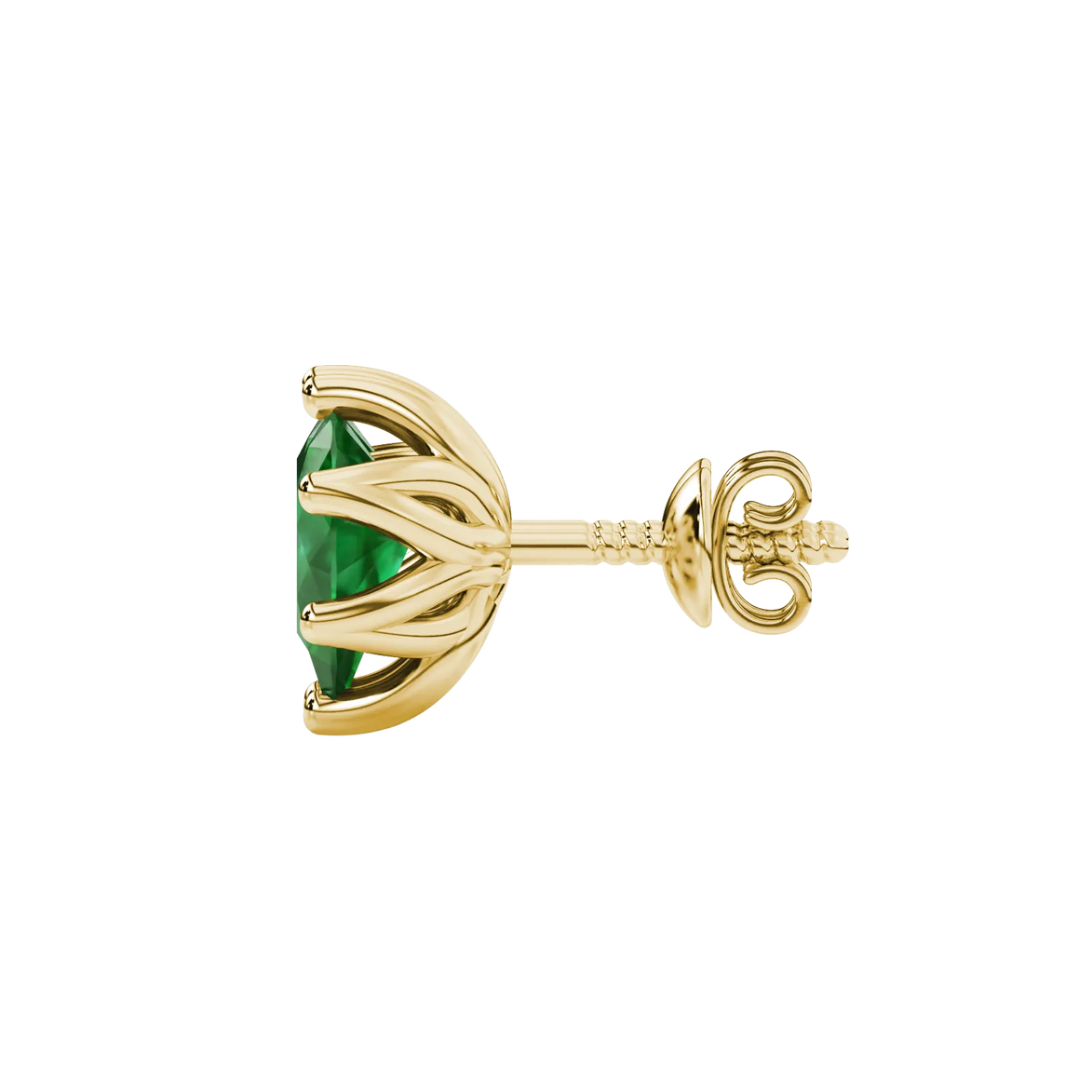 Side profile, yellow gold emerald green earrings, scalloped six-prong gallery
