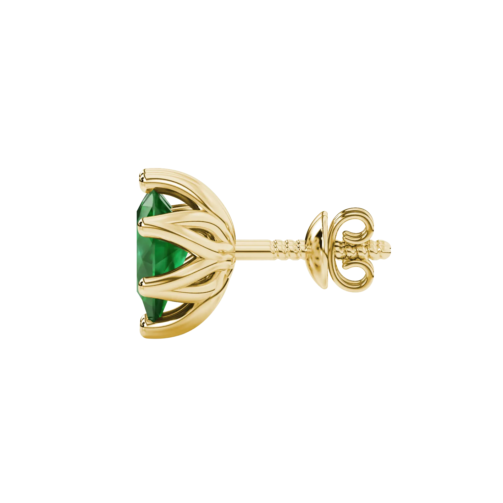 Side profile, yellow gold emerald green earrings, scalloped six-prong gallery